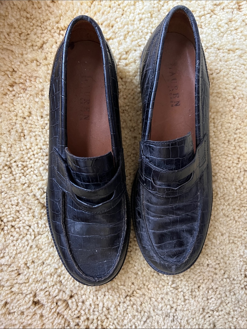 Lauren Ralph Lauren Black Croc-Embossed Leather Penny Loafers
